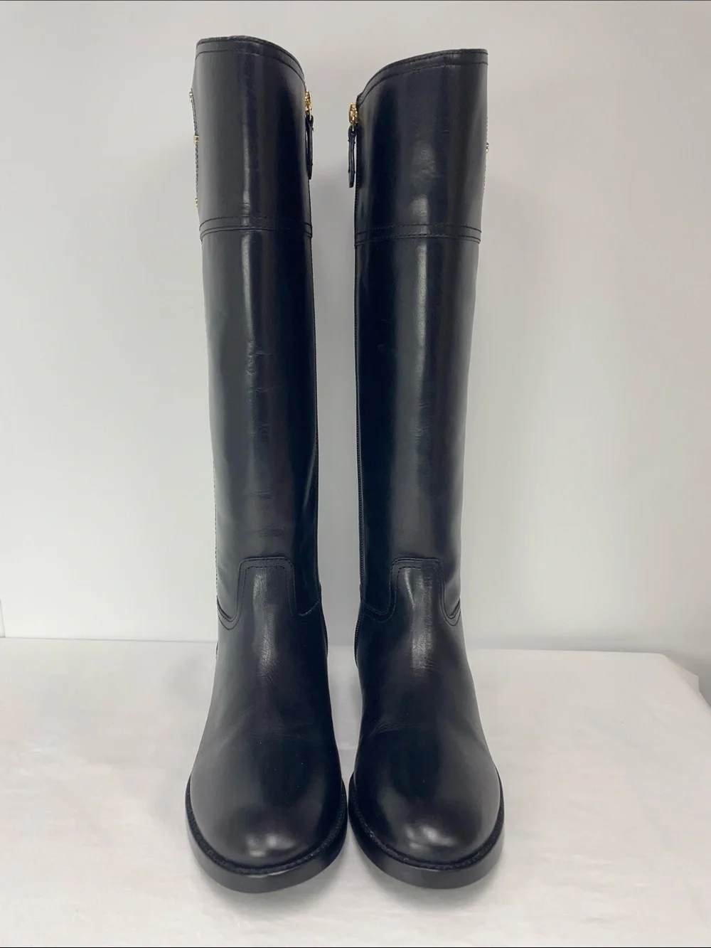 Tory Burch Black Leather Riding Boots with Gold Logo, Size 9